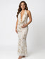 Champagne Ivory Sequin Floral Plunging Halter Maternity Maxi Gown