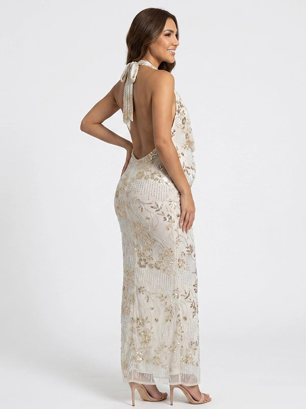 Champagne Ivory Sequin Floral Plunging Halter Maternity Maxi Gown