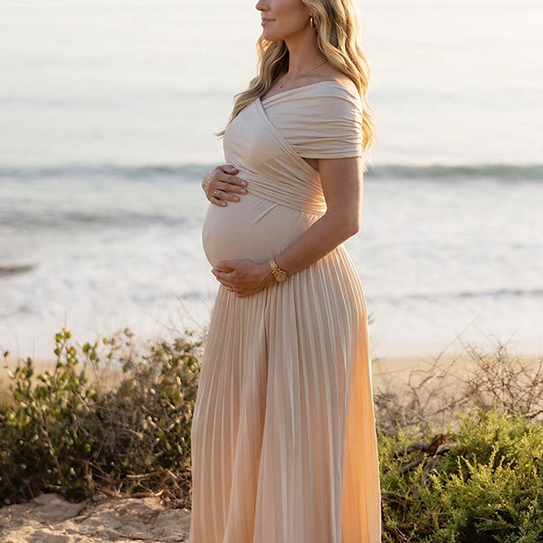 Champagne Off Shoulder Pleated Cross Chest Maternity Maxi Dress