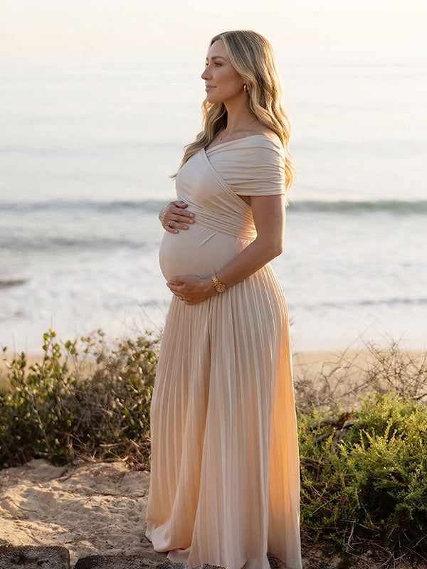 Champagne Off Shoulder Pleated Cross Chest Maternity Maxi Dress