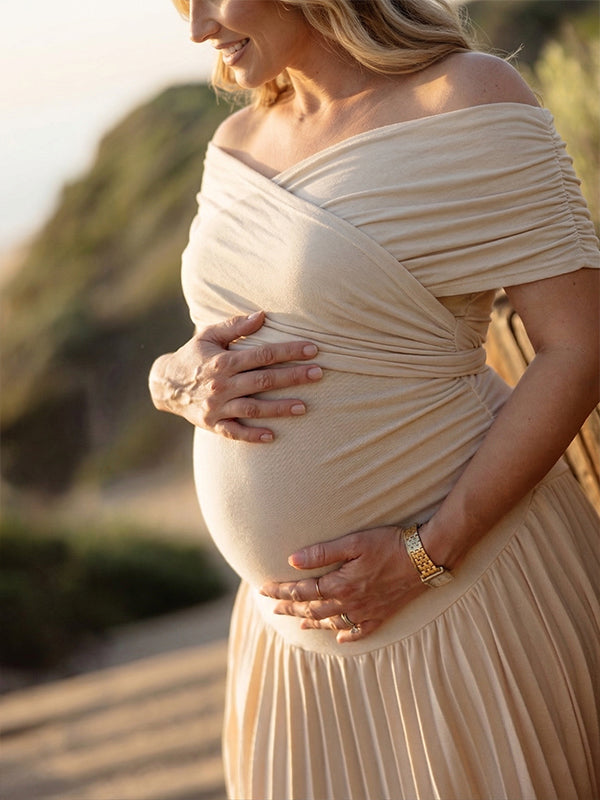 Champagne Off Shoulder Pleated Cross Chest Maternity Maxi Dress
