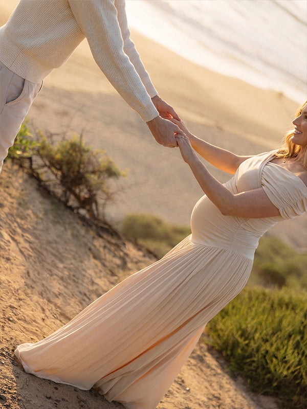 Champagne Off Shoulder Pleated Cross Chest Maternity Maxi Dress