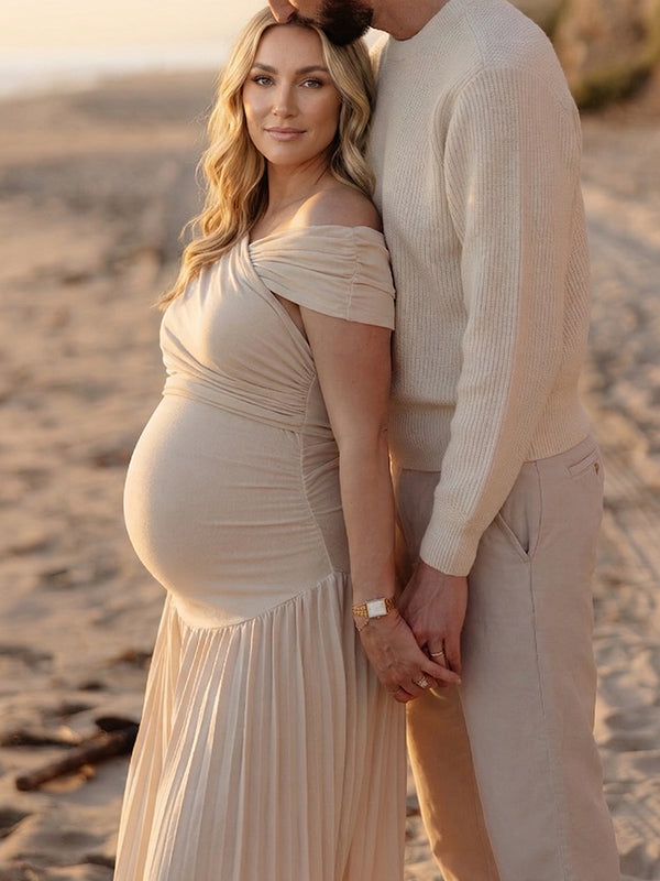 Champagne Off Shoulder Pleated Cross Chest Maternity Maxi Dress