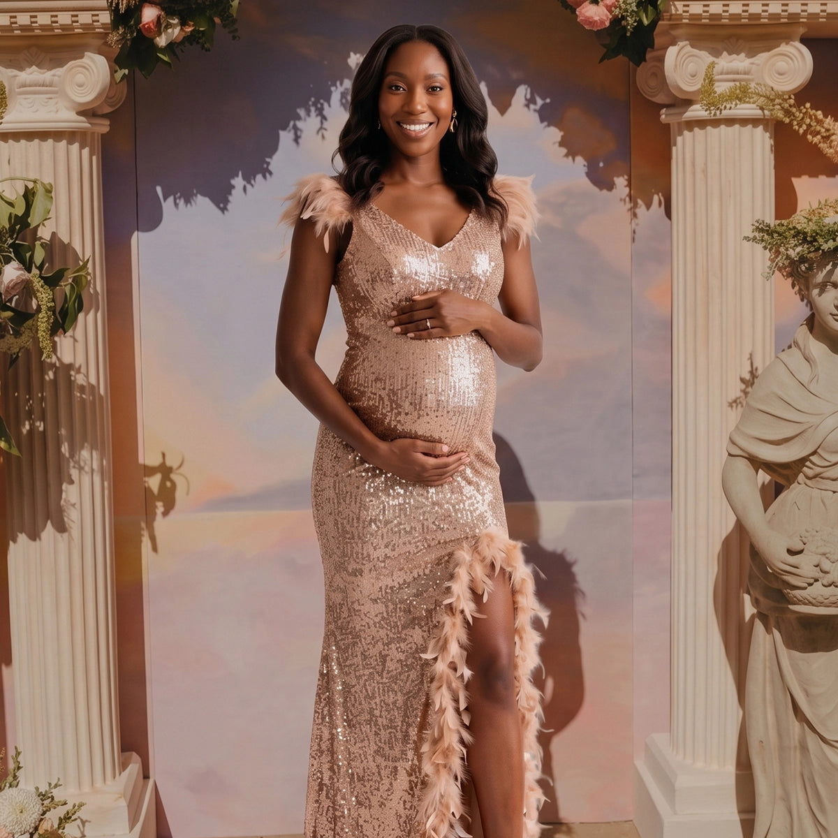 Champagne Sequin Backless High Slit Maternity Maxi Gown with Feather Trim