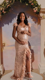 Champagne Sequin Backless High Slit Maternity Maxi Gown with Feather Trim