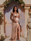 Champagne Sequin Backless High Slit Maternity Maxi Gown with Feather Trim