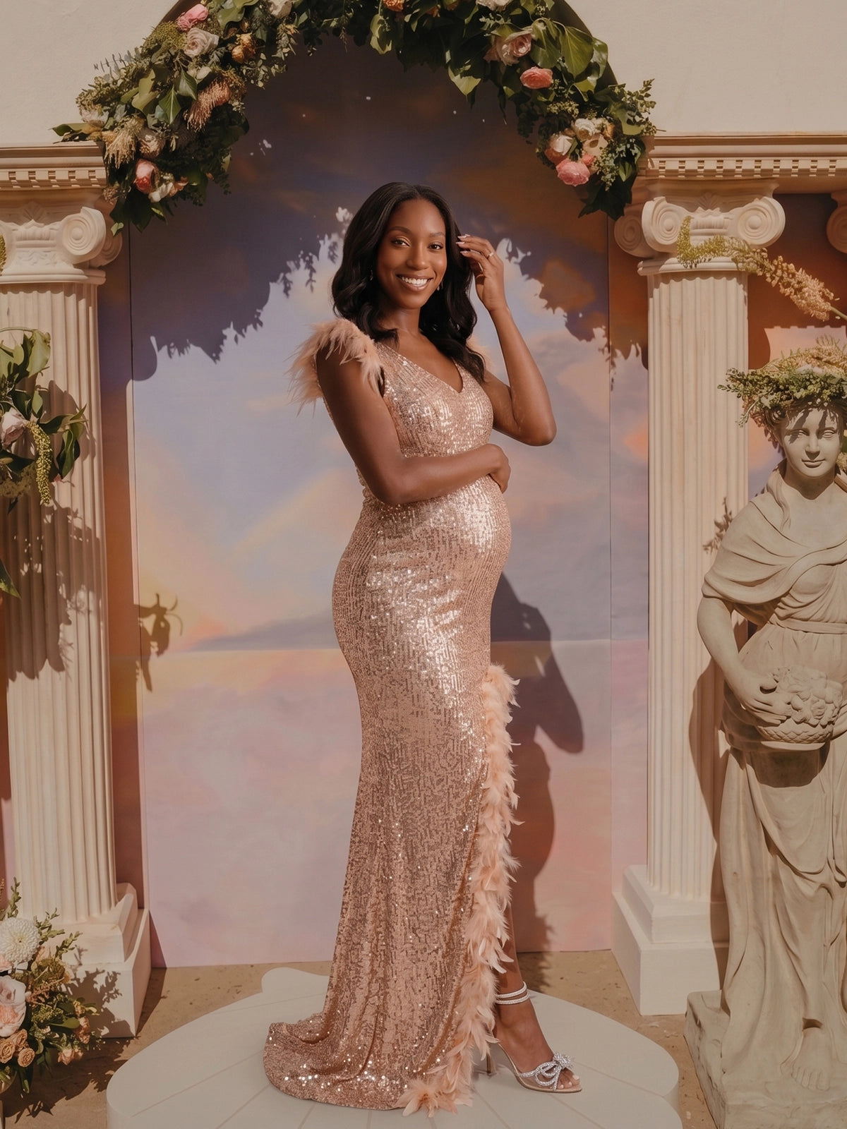 Champagne Sequin Backless High Slit Maternity Maxi Gown with Feather Trim