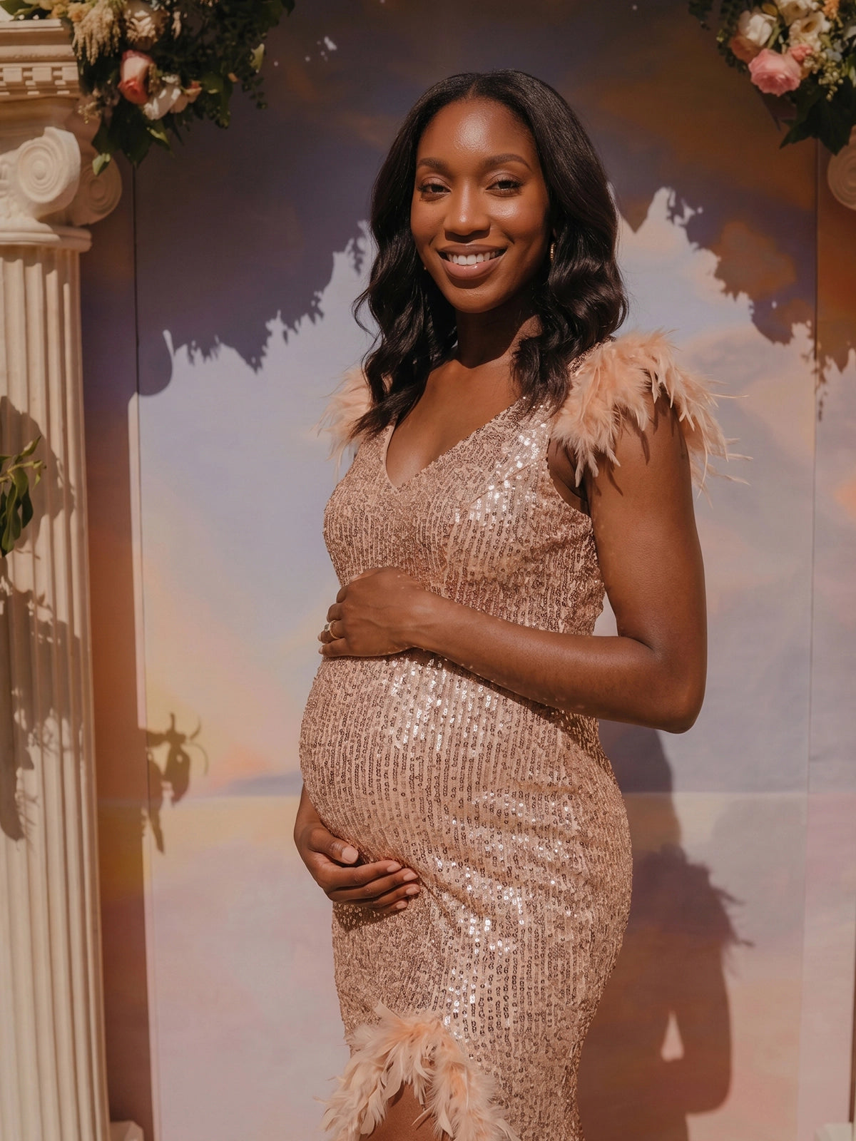 Champagne Sequin Backless High Slit Maternity Maxi Gown with Feather Trim