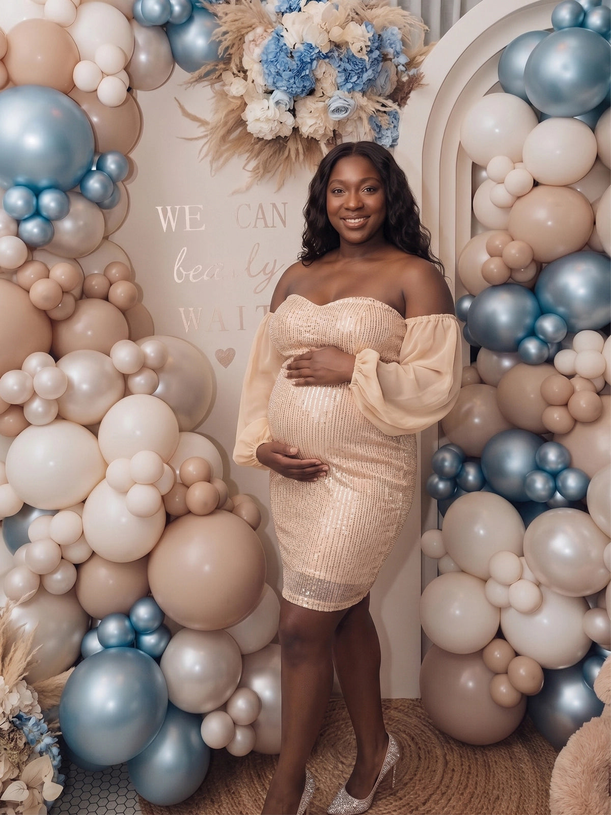 Champagne Sequin Off Shoulder Plus Size Maternity Mini Dress with Chiffon Sleeves