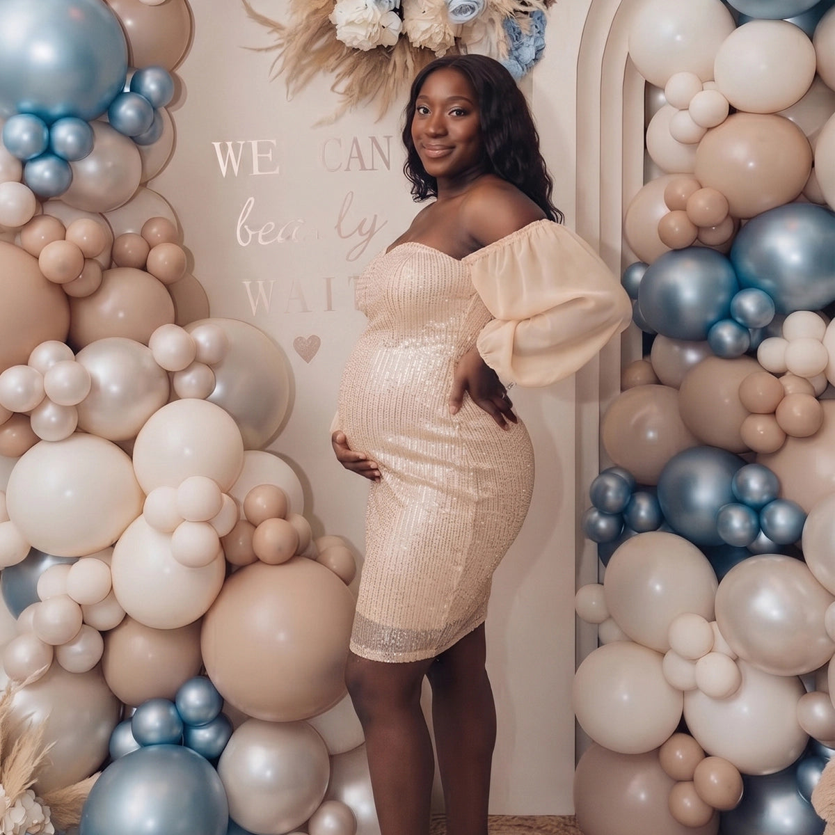 Champagne Sequin Off Shoulder Plus Size Maternity Mini Dress with Chiffon Sleeves