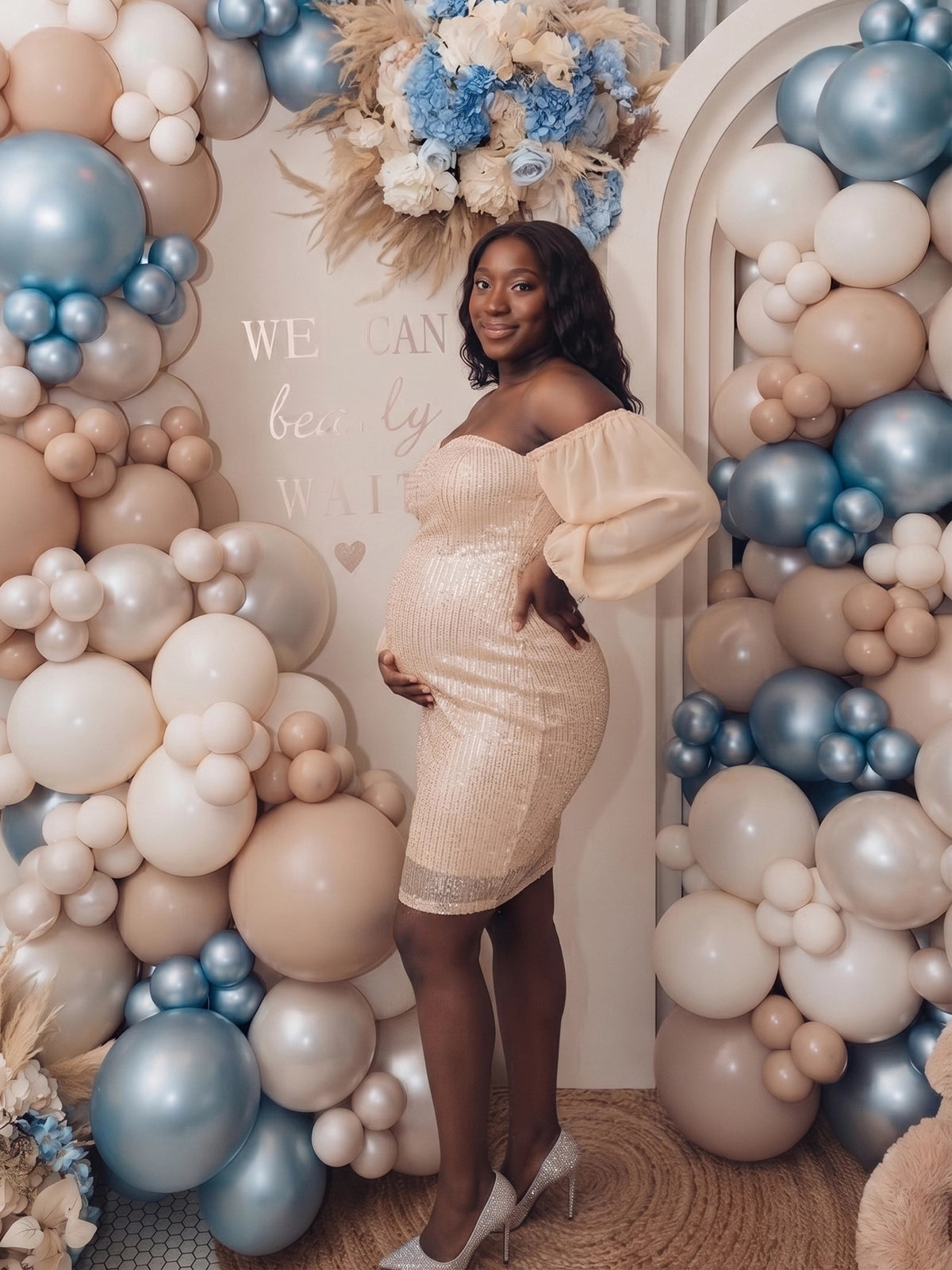Champagne Sequin Off Shoulder Plus Size Maternity Mini Dress with Chiffon Sleeves