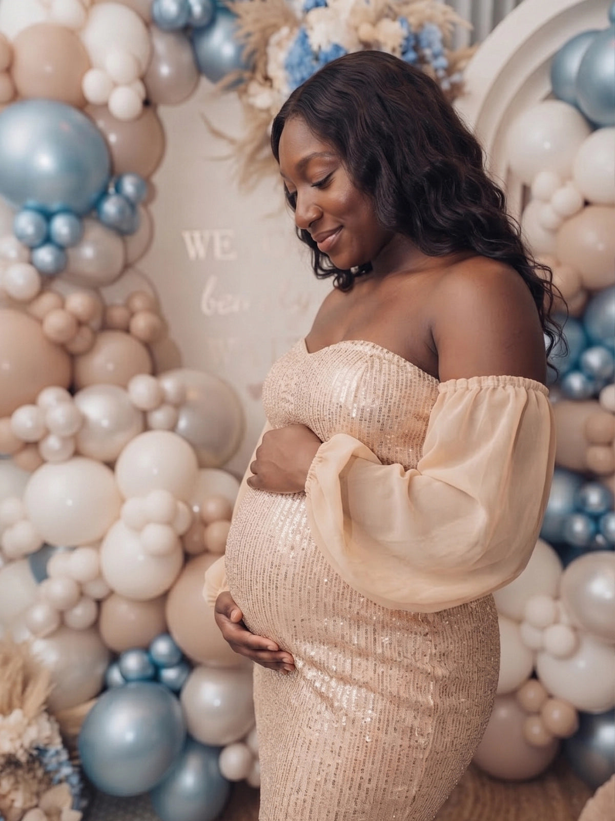 Champagne Sequin Off Shoulder Plus Size Maternity Mini Dress with Chiffon Sleeves