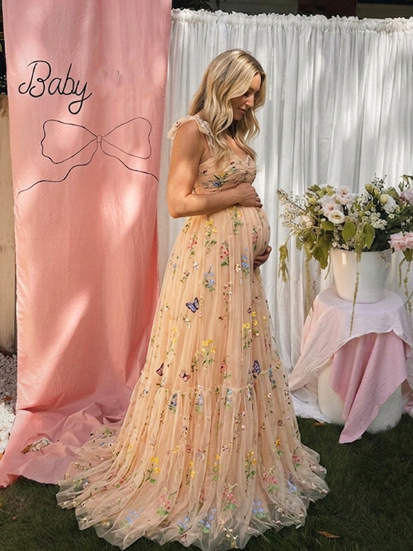 Champagne Floral Embroidered Tulle Maternity Maxi Dress