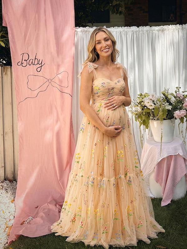 Champagne Floral Embroidered Tulle Maternity Maxi Dress