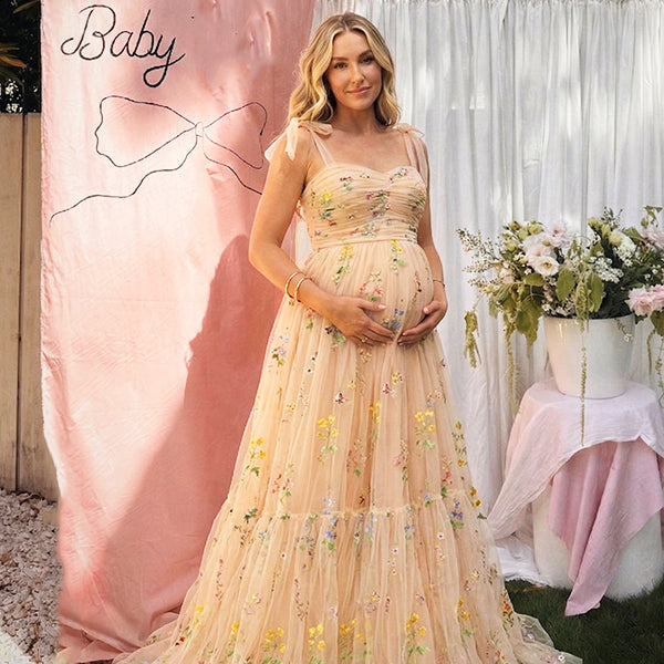 Champagne Floral Embroidered Tulle Maternity Maxi Dress