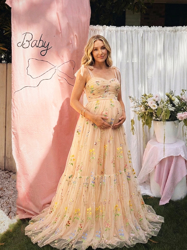 Champagne Floral Embroidered Tulle Maternity Maxi Dress