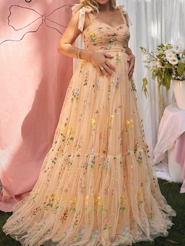 Champagne Floral Tulle Maternity Maxi Dress for Baby Shower & Boho