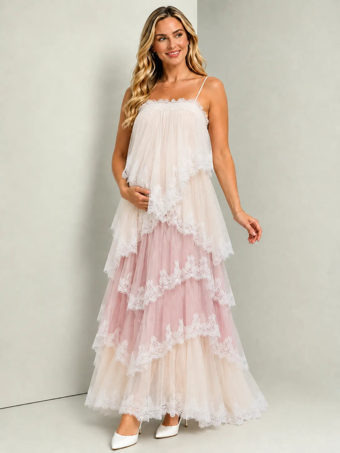 Blush Pink Lace Tiered Backless Maternity Maxi Dress