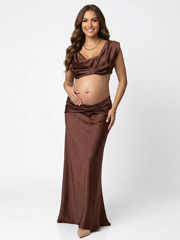 Chocolate Brown Draped Two-Piece Maternity Maxi Set