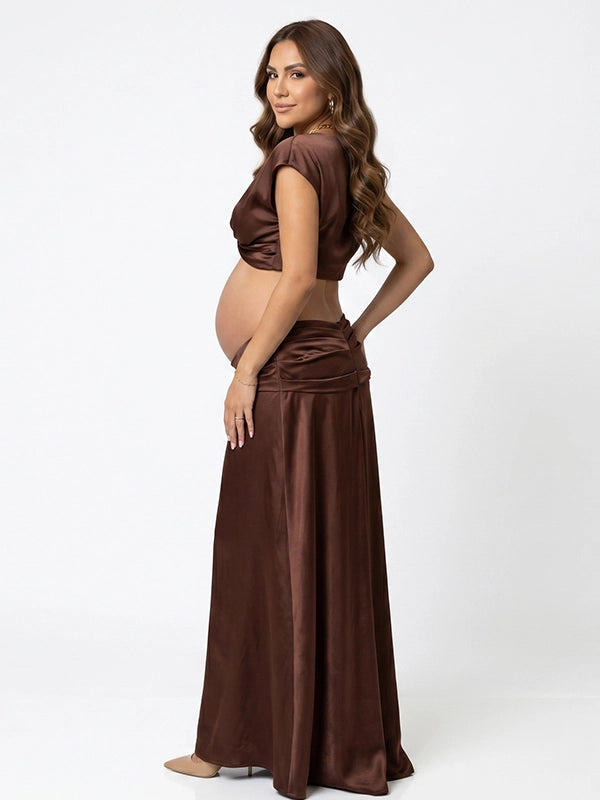 Chocolate Brown Draped Two-Piece Maternity Maxi Set