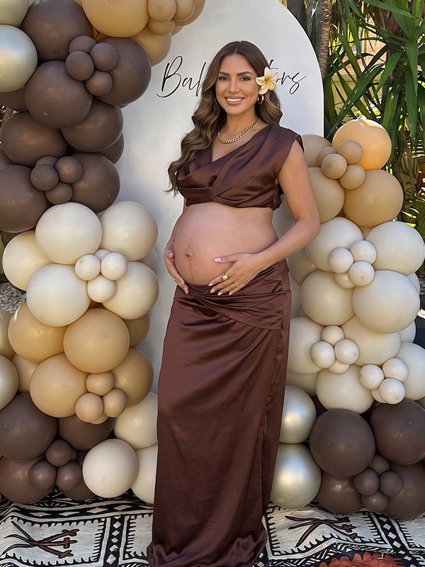 Chocolate Brown Draped Two-Piece Maternity Maxi Set