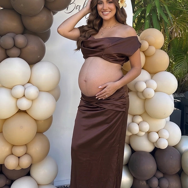 Chocolate Brown Draped Two-Piece Maternity Maxi Set