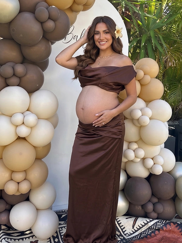 Chocolate Brown Draped Two-Piece Maternity Maxi Set