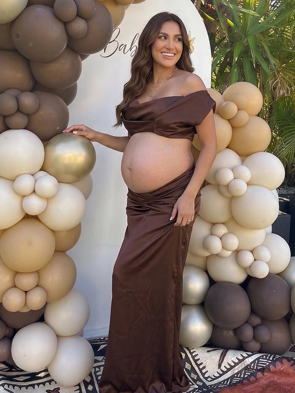 Chocolate Brown Draped Two-Piece Maternity Maxi Set
