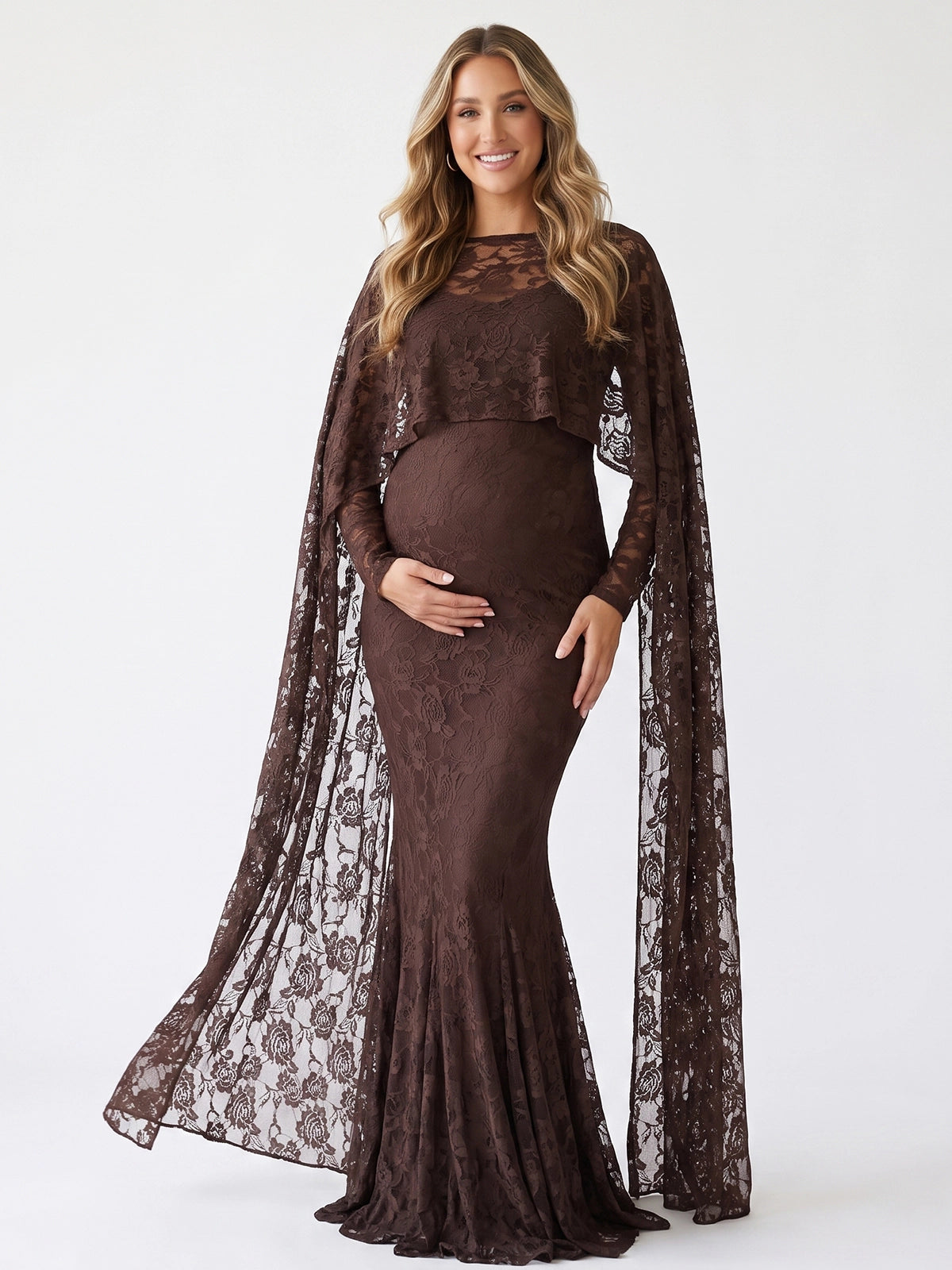 Chocolate Brown Floral Lace Maternity Maxi Dress with Cape