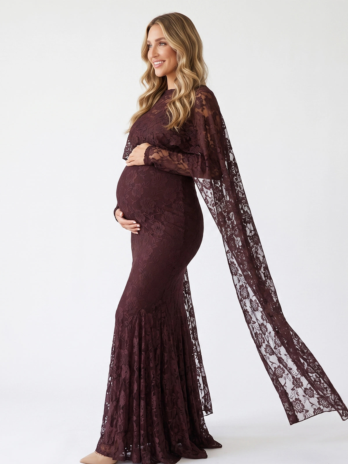 Chocolate Brown Floral Lace Maternity Maxi Dress with Cape