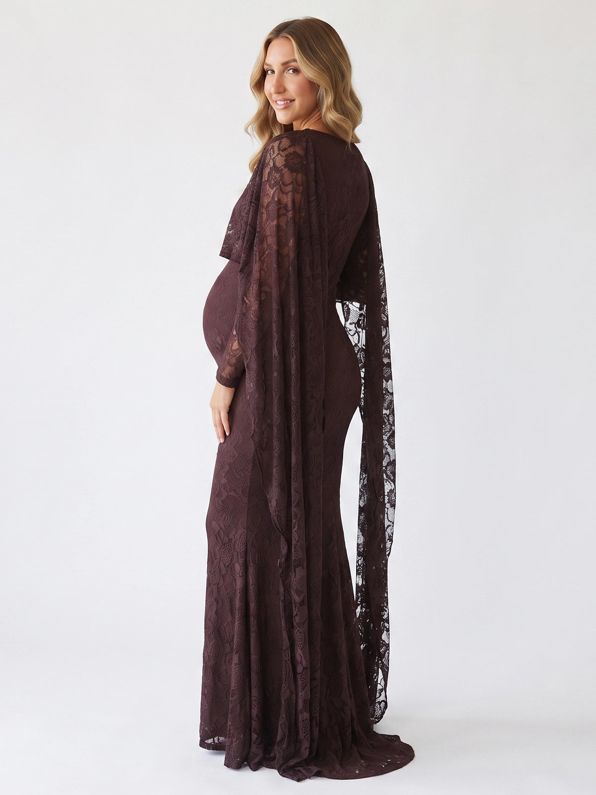 Chocolate Brown Floral Lace Maternity Maxi Dress with Cape