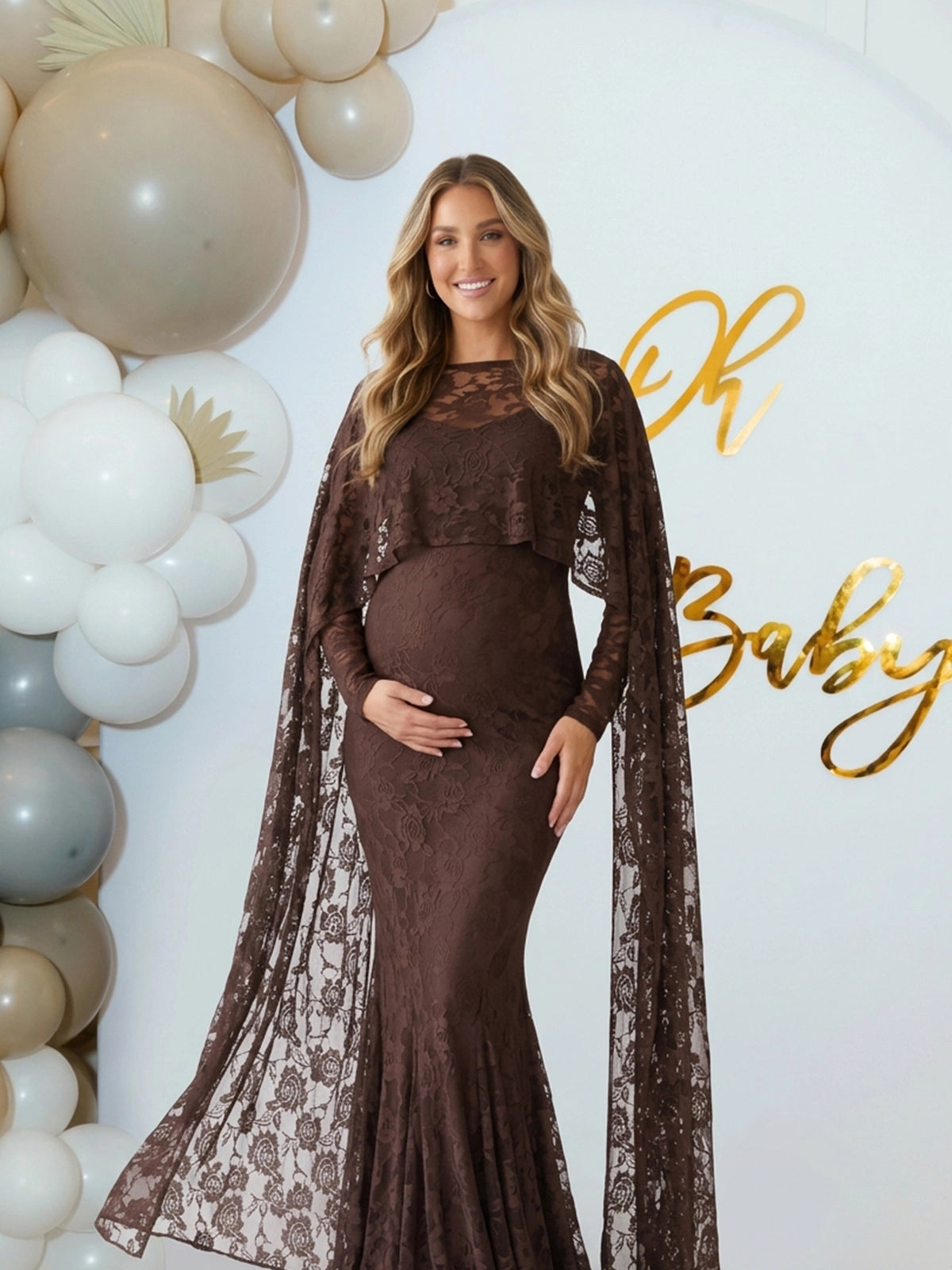 Chocolate Brown Floral Lace Maternity Maxi Dress with Cape