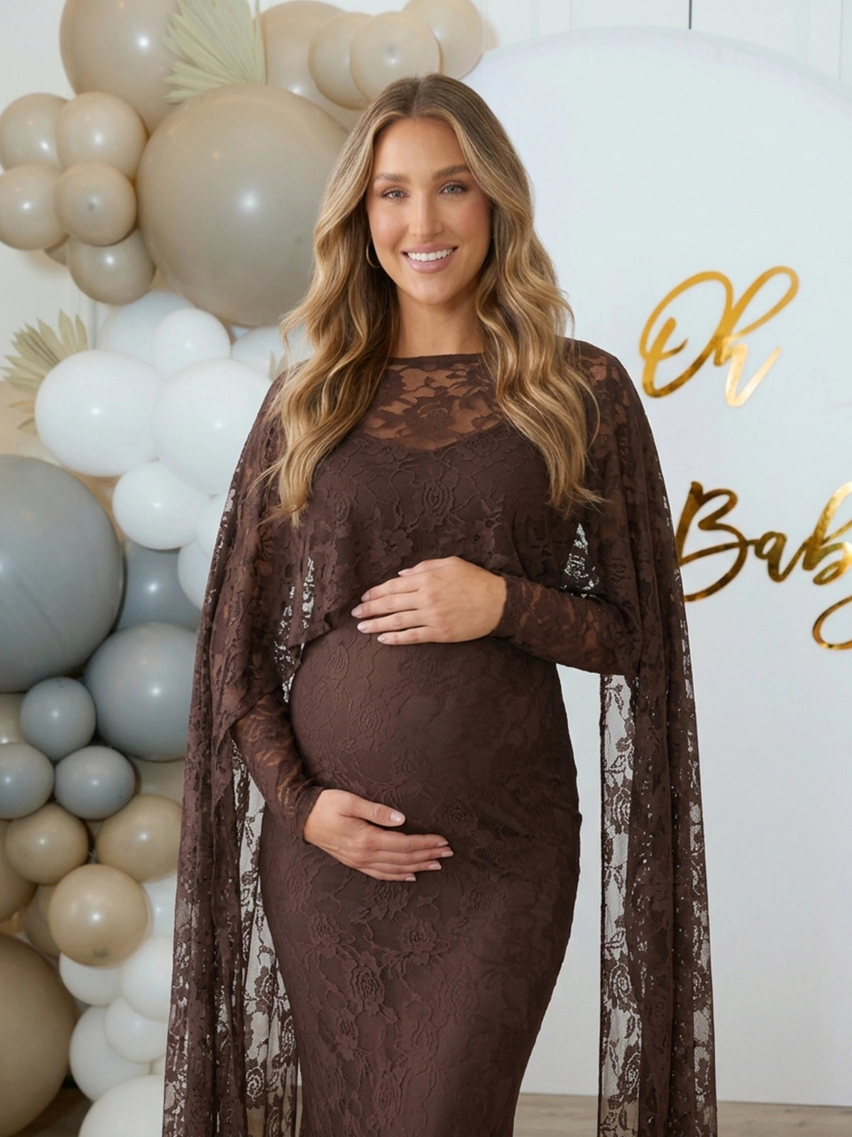 Chocolate Brown Floral Lace Maternity Maxi Dress with Cape