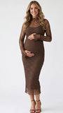 Chocolate Brown Long-Sleeve Floral Lace Two Piece Maternity Midi Dress
