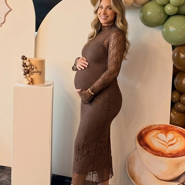 Chocolate Brown Long-Sleeve Floral Lace Two Piece Maternity Midi Dress