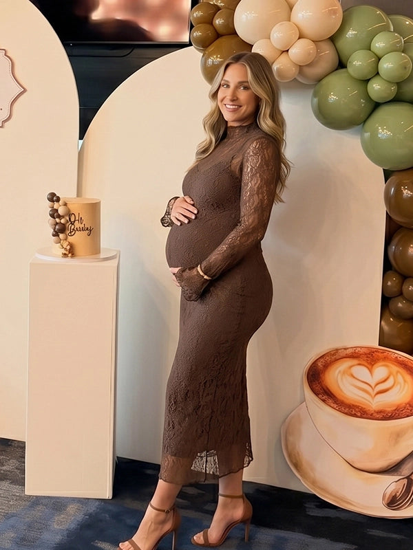 Chocolate Brown Long-Sleeve Floral Lace Two Piece Maternity Midi Dress