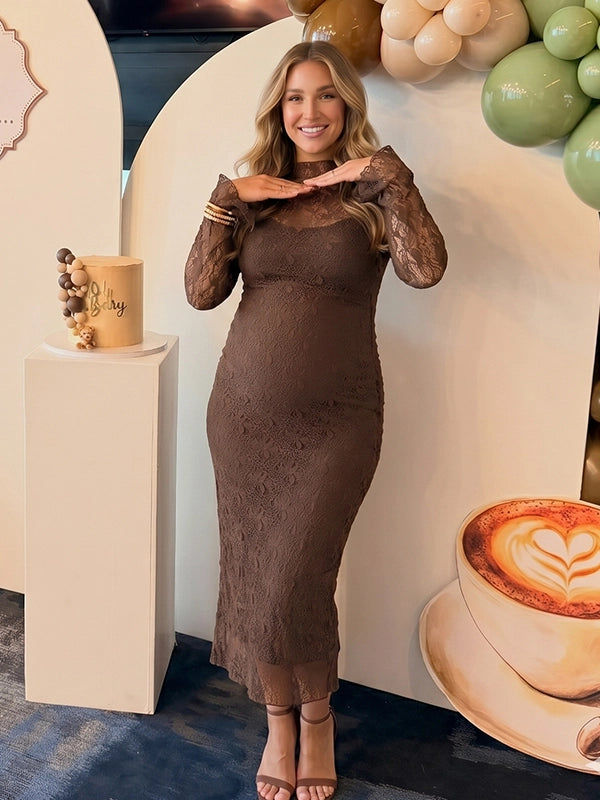 Chocolate Brown Long-Sleeve Floral Lace Two Piece Maternity Midi Dress