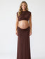 Chocolate Brown Mock-Neck Ruched Crop Two Piece Maternity Maxi Gown