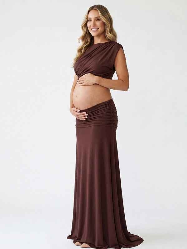 Chocolate Brown Mock-Neck Ruched Crop Two Piece Maternity Maxi Gown