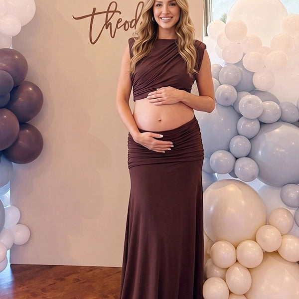 Chocolate Brown Mock-Neck Ruched Crop Two Piece Maternity Maxi Gown