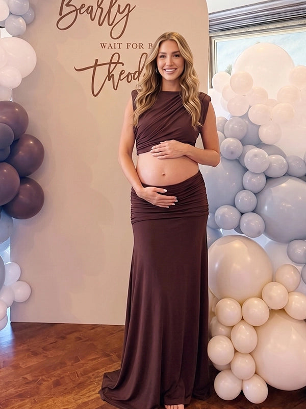 Chocolate Brown Mock-Neck Ruched Crop Two Piece Maternity Maxi Gown