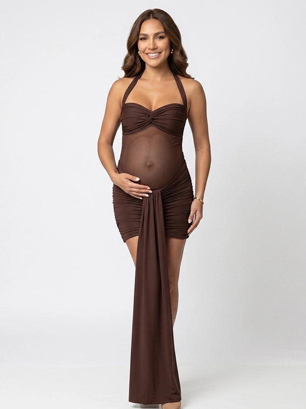 Chocolate Brown Halter Ruched Maternity Mini Dress with Dramatic Sash