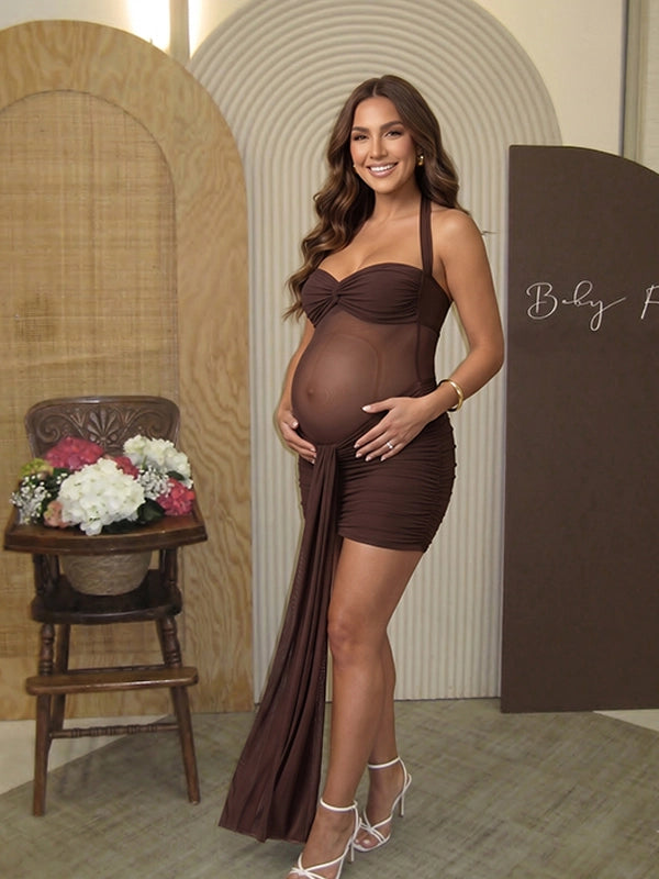 Chocolate Brown Halter Ruched Maternity Mini Dress with Dramatic Sash