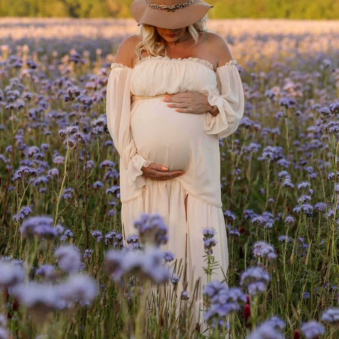 Chic-Puff Sleeve Off Shoulder Maternity Shoot Maxi Dress