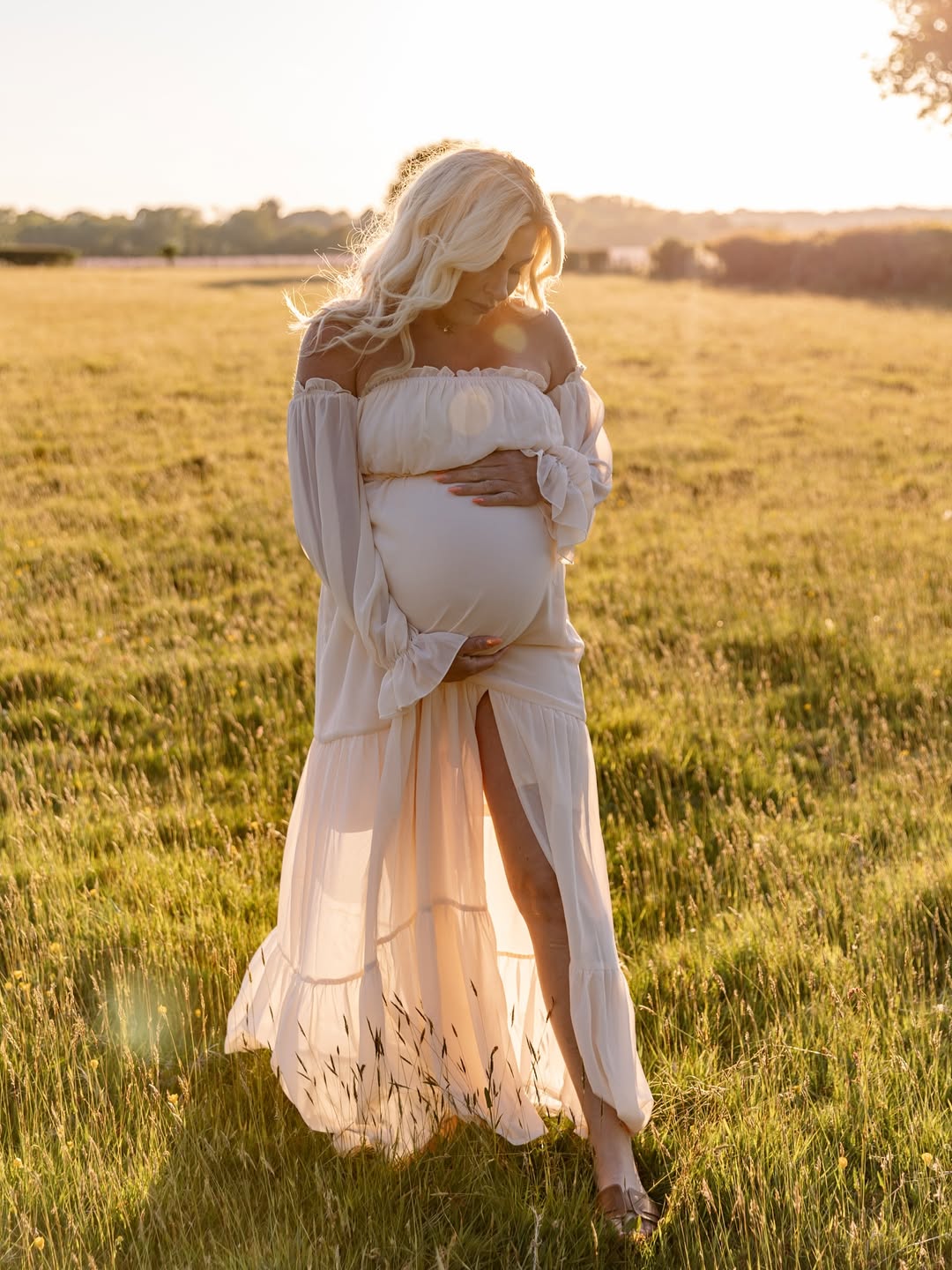 Chic-Puff Sleeve Off Shoulder Maternity Shoot Maxi Dress