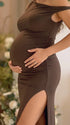 Coffee Brown One-Shoulder Maternity Midi Dress – Milk Silk Bodycon Side Slit Elegant Gown