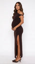 Coffee Brown One-Shoulder Maternity Midi Dress – Milk Silk Bodycon Side Slit Elegant Gown