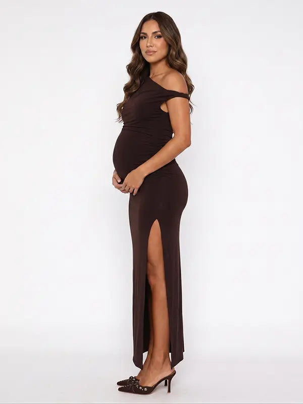 Coffee Brown One-Shoulder Maternity Midi Dress – Milk Silk Bodycon Side Slit Elegant Gown