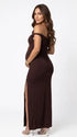 Coffee Brown One-Shoulder Maternity Midi Dress – Milk Silk Bodycon Side Slit Elegant Gown