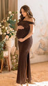 Coffee Brown One-Shoulder Maternity Midi Dress – Milk Silk Bodycon Side Slit Elegant Gown